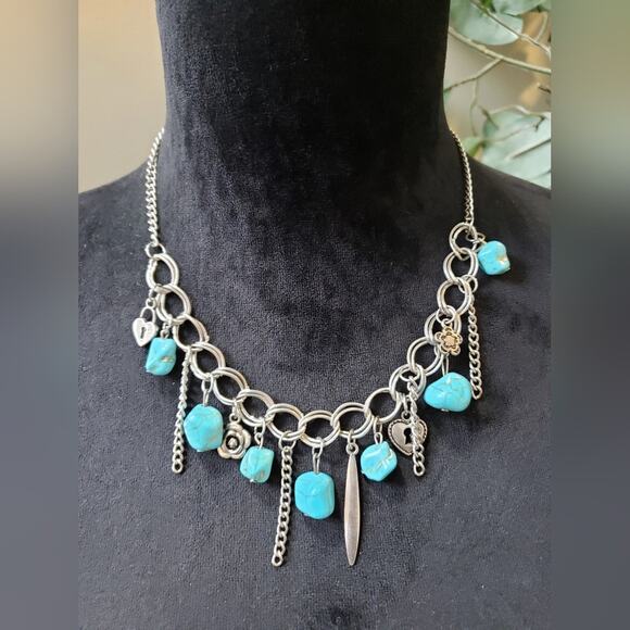 Womens Blue Turquoise Crackle- Southern Sweetheart Charm Necklace with c - Picture 1 of 7